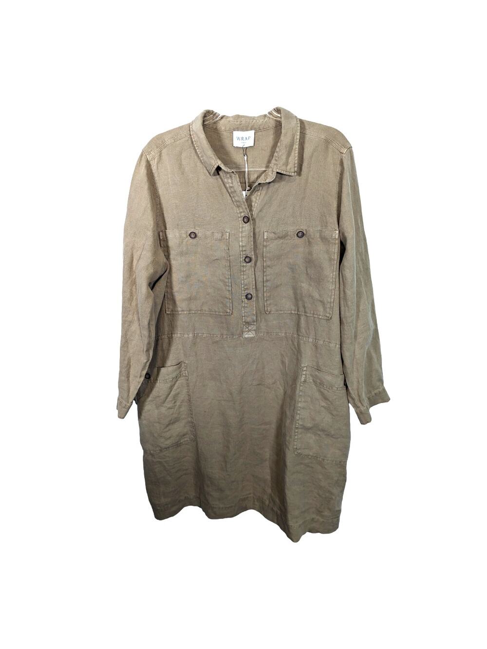 Wrap London 100% Linen Shirt Dress Tan Pockets Tab Sleeves NWT Size 18